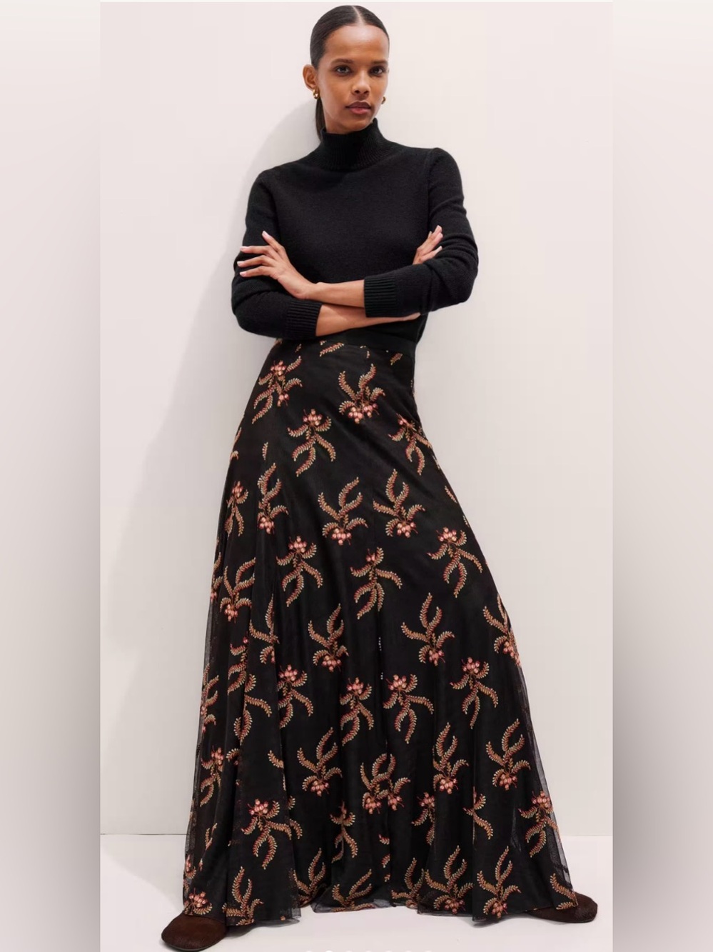 NWT ME+EM Autumn Floral Embroidery Mesh Maxi Black A-Line Skirt size US 8